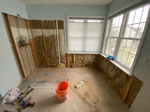 Bathroom renovation demo showing exposed studs and plumbing where shower and tub are being removed